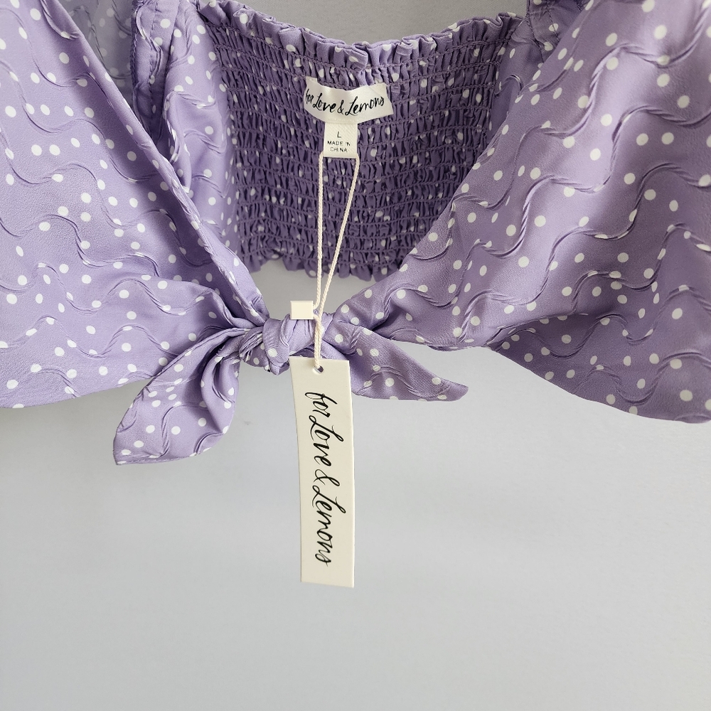 For Love And Lemons Purple White Polka Dot Chelsea Crop Top Size Large NWT - Picture 6 of 8